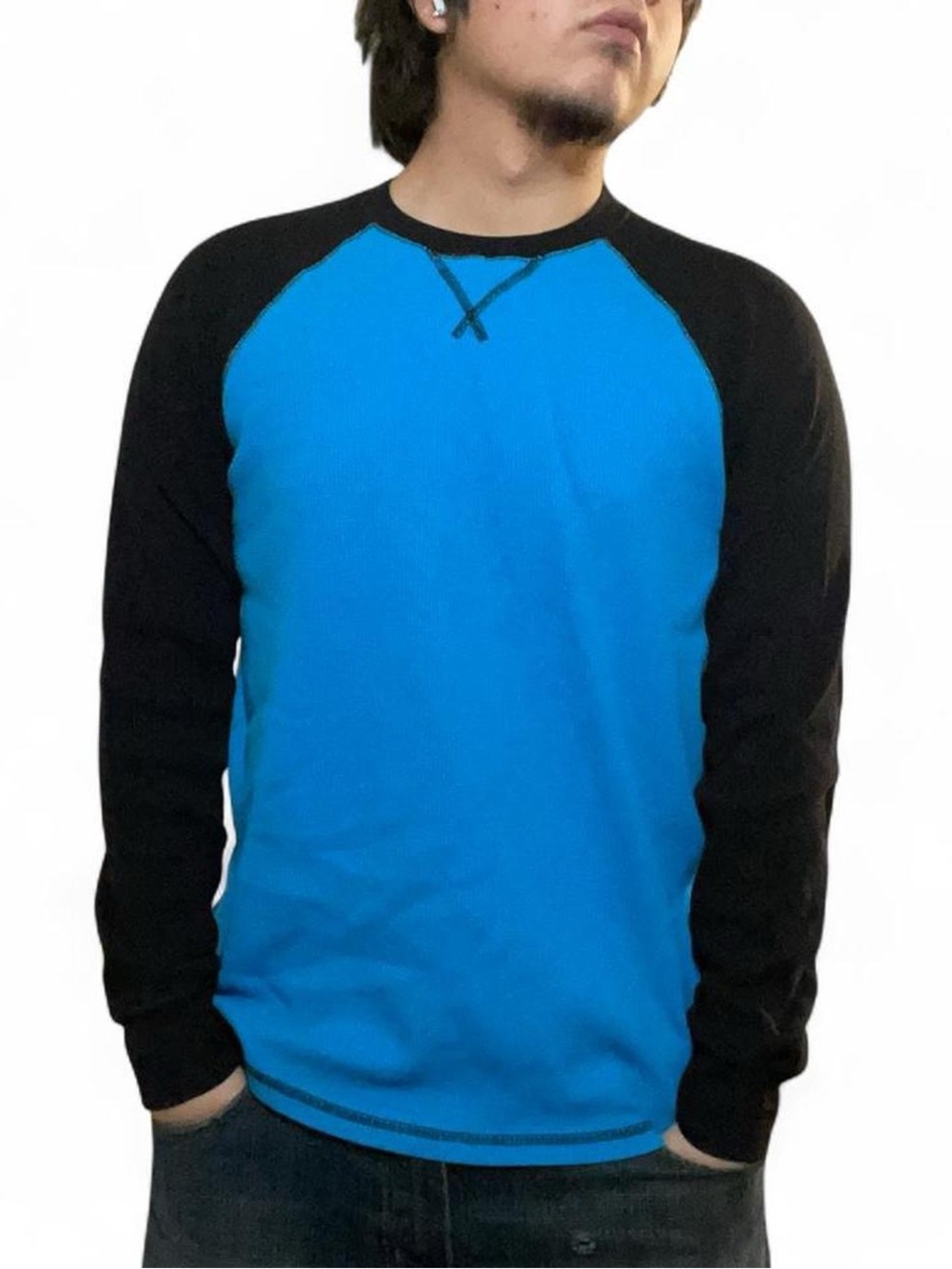 Arizona Jean Co. Boys Blue and Black Raglan Waffle Knit Thermal Long Sleeve Shir